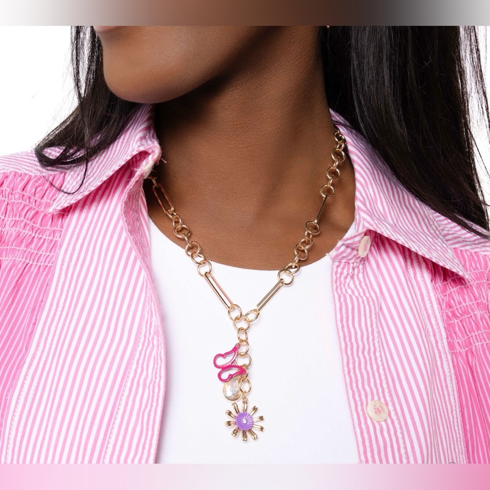 Gold and Purple Flower Butterfly Charm Necklace and Bracelet Set - Picture 4 of 6
